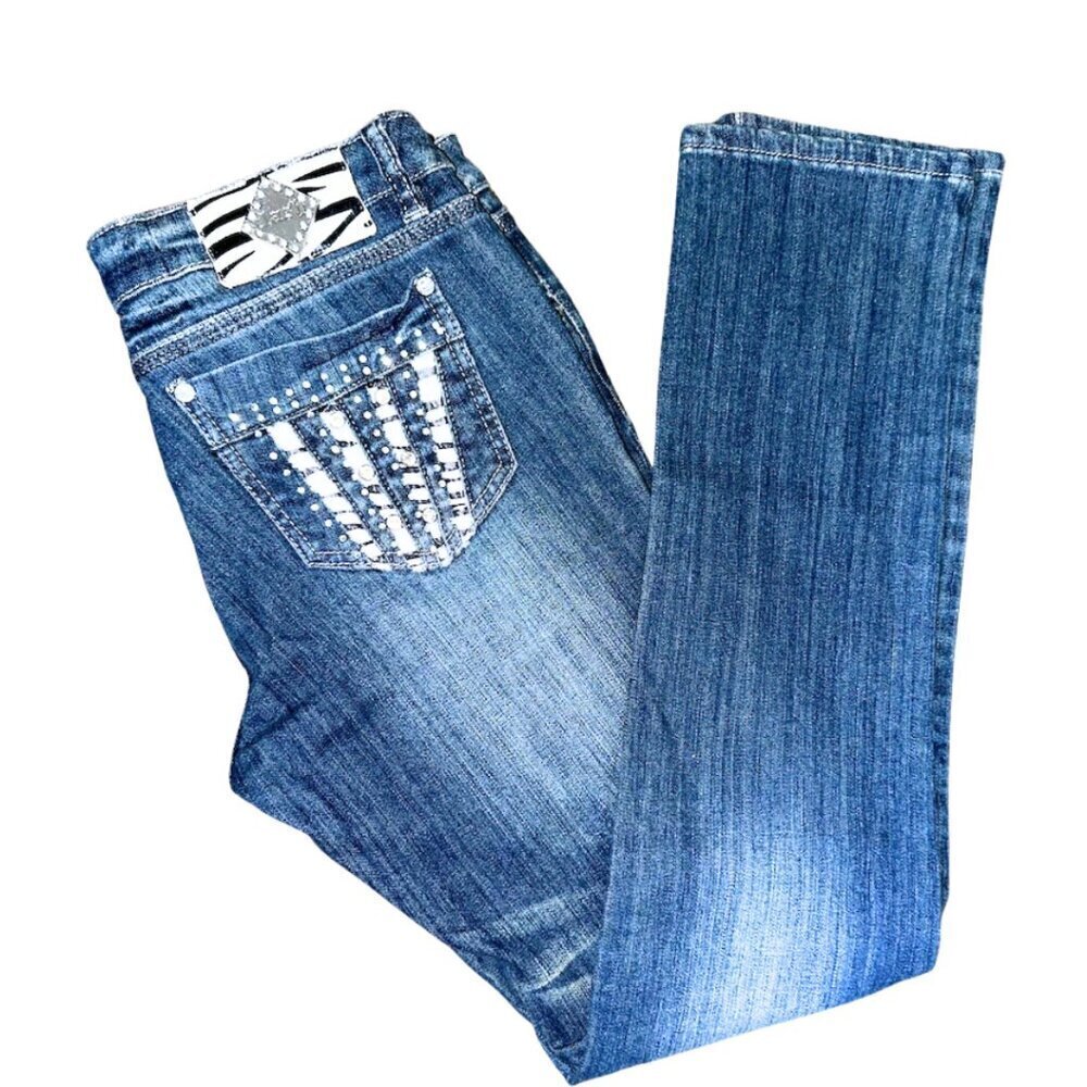 Clash Jeans Women's Size 11 Zebra Pockets Blue Denim Pants Low Rise Straight Leg